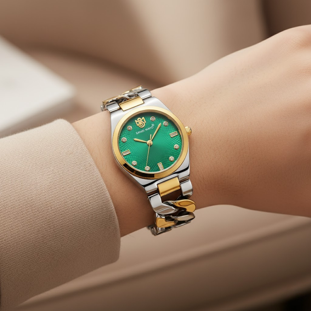 Sansi Mayo LIORA Bracelet Style Band — Two-Tone Silver & Gold (Green Dial)