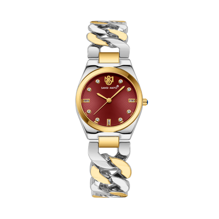 Sansi Mayo LIORA Bracelet Style Band — Two-Tone Silver & Gold (Maroon Dial)
