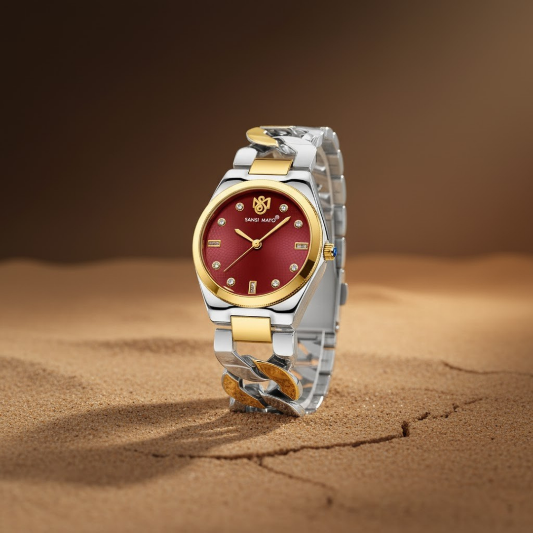 Sansi Mayo LIORA Bracelet Style Band — Two-Tone Silver & Gold (Maroon Dial)