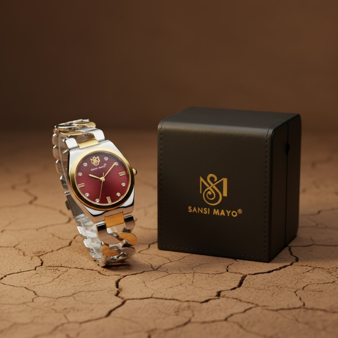 Sansi Mayo LIORA Bracelet Style Band — Two-Tone Silver & Gold (Maroon Dial)