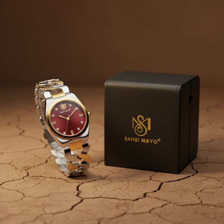Sansi Mayo LIORA Bracelet Style Band — Two-Tone Silver & Gold (Maroon Dial)
