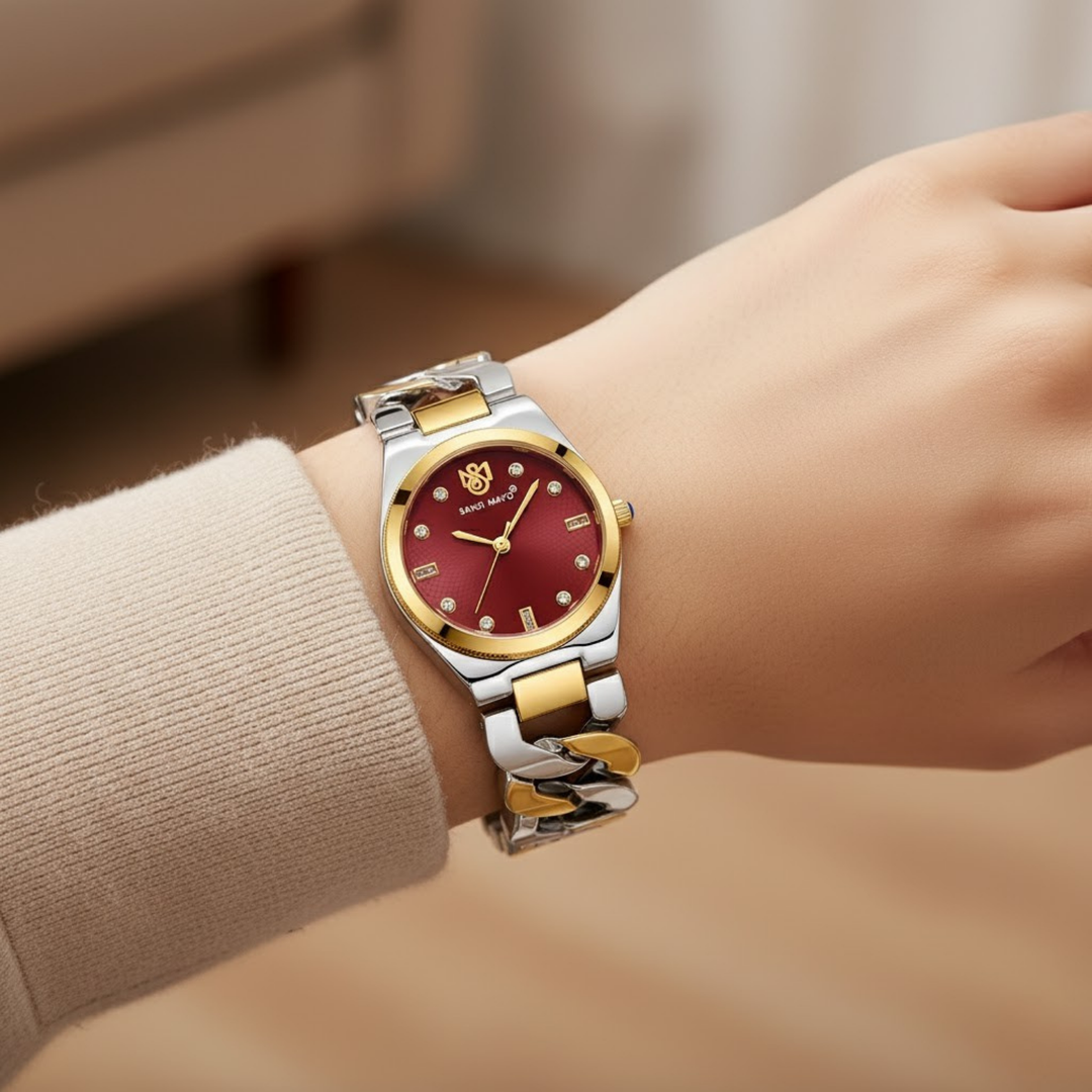 Sansi Mayo LIORA Bracelet Style Band — Two-Tone Silver & Gold (Maroon Dial)