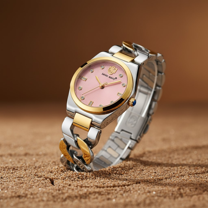 Sansi Mayo Liora Bracelet Style Watch — Pink Dial, Two-Tone Silver Gold
