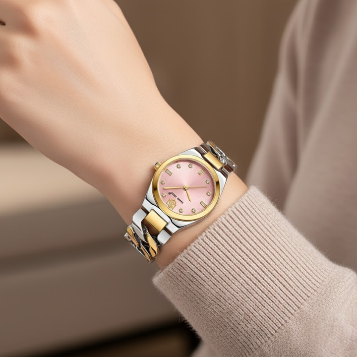 Sansi Mayo Liora Bracelet Style Watch — Pink Dial, Two-Tone Silver Gold