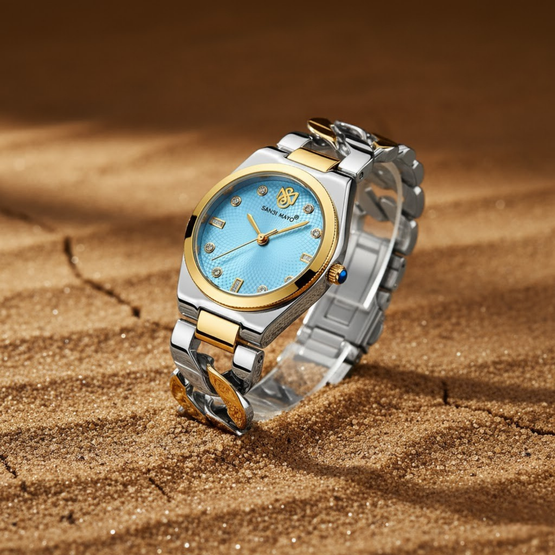 Sansi Mayo LIORA Bracelet Style Watch — Two-Tone Silver & Gold (Sky Blue Dial)