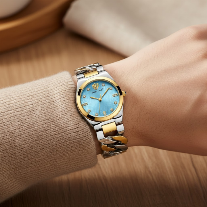 Sansi Mayo LIORA Bracelet Style Watch — Two-Tone Silver & Gold (Sky Blue Dial)