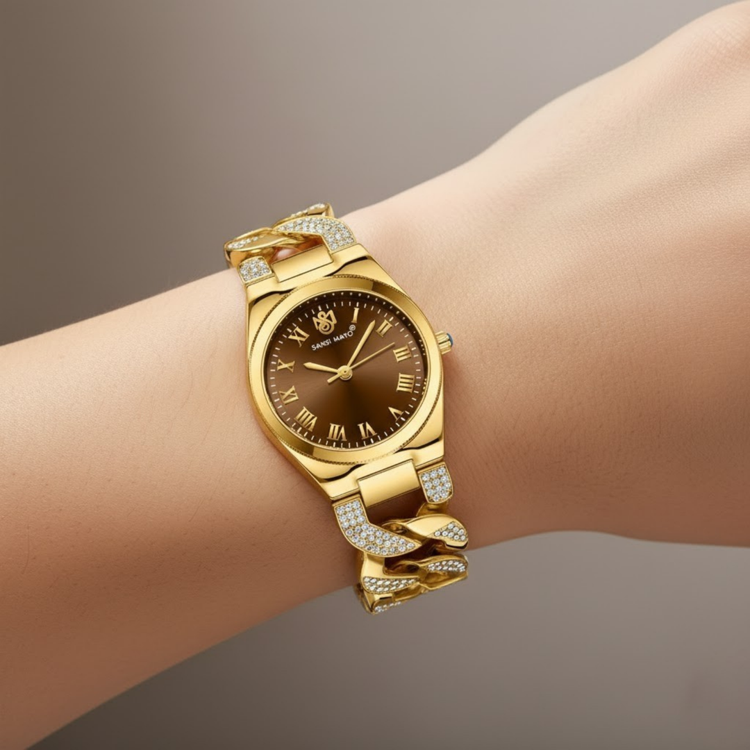 Sansi Mayo Elora Egyptian Stone Watch — Gold Edition (Brown Dial)
