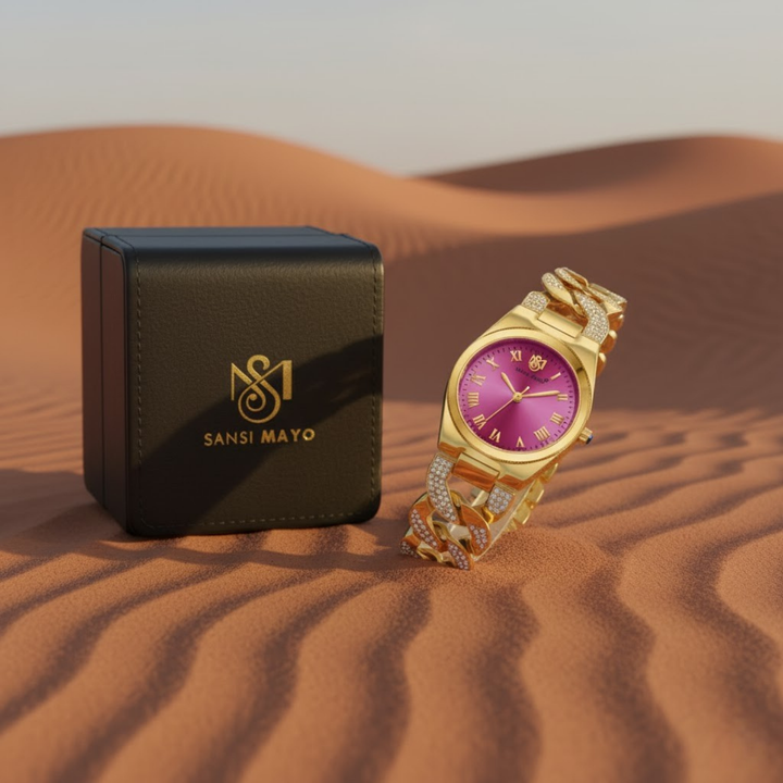 Sansi Mayo Elora Egyptian Stone — Dark Pink Dial, Gold Bracelet Edition