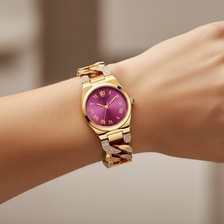 Sansi Mayo Elora Egyptian Stone — Dark Pink Dial, Gold Bracelet Edition