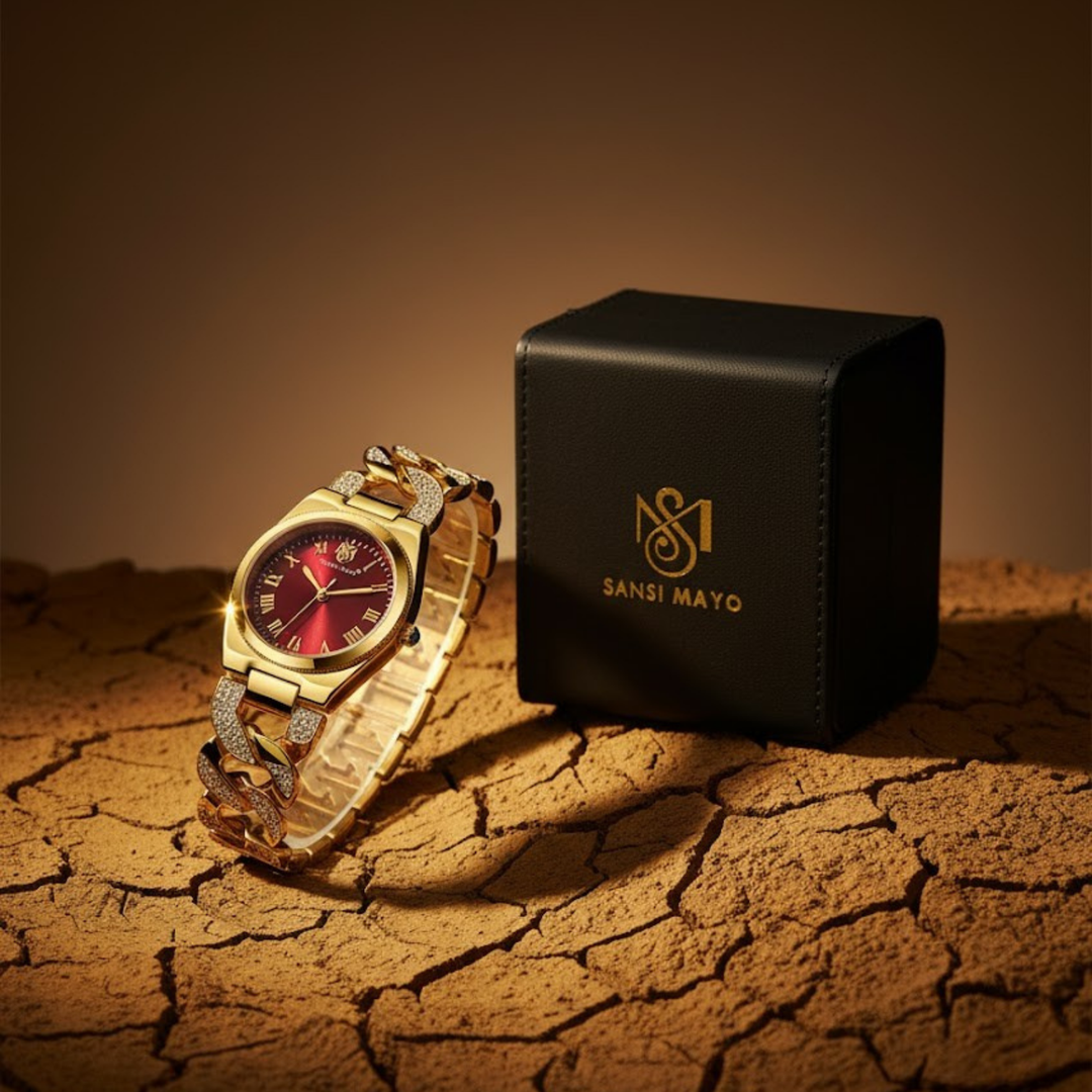 Sansi Mayo Elora Egyptian Stone — Maroon Dial, Gold Bracelet Edition