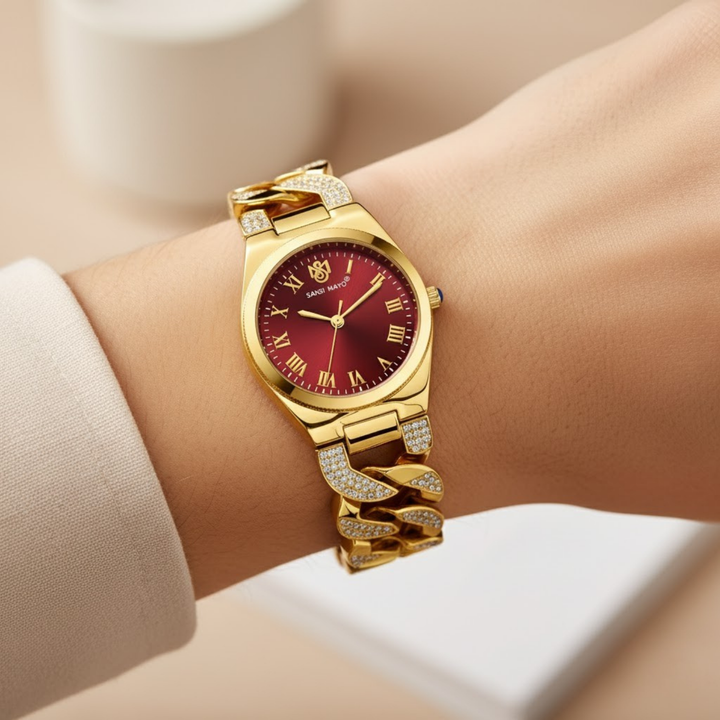 Sansi Mayo Elora Egyptian Stone — Maroon Dial, Gold Bracelet Edition