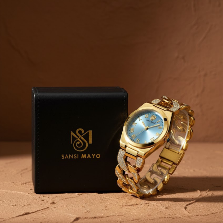 Sansi Mayo ELORA Egyptian Stone Watch — Sky Blue Dial, Gold Bracelet Style