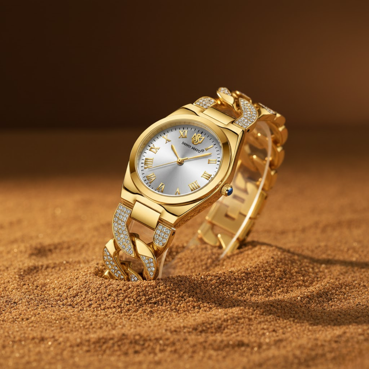 Sansi Mayo ELORA Egyptian Stone Watch — White Dial & Gold Bracelet