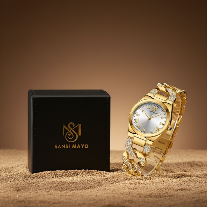 Sansi Mayo ELORA Egyptian Stone Watch — White Dial & Gold Bracelet