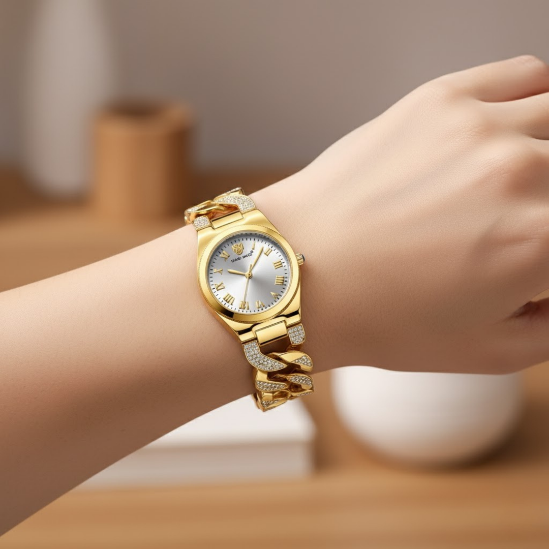 Sansi Mayo ELORA Egyptian Stone Watch — White Dial & Gold Bracelet