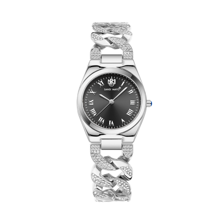 Sansi Mayo ELORA Egyptian Stone Watch — Black Dial & Silver Bracelet