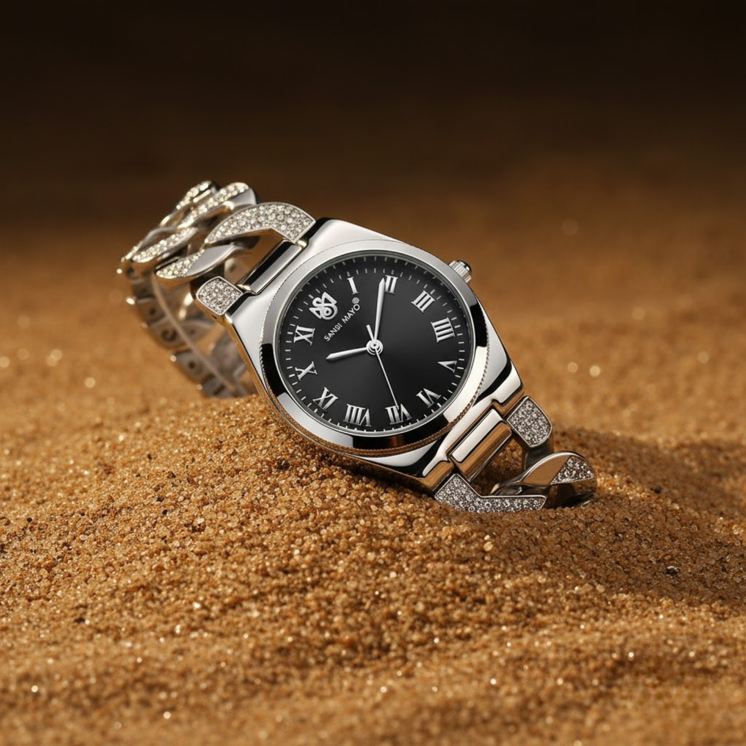 Sansi Mayo ELORA Egyptian Stone Watch — Black Dial & Silver Bracelet