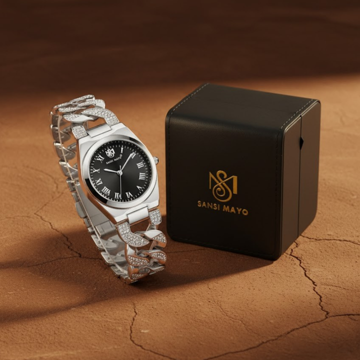 Sansi Mayo ELORA Egyptian Stone Watch — Black Dial & Silver Bracelet