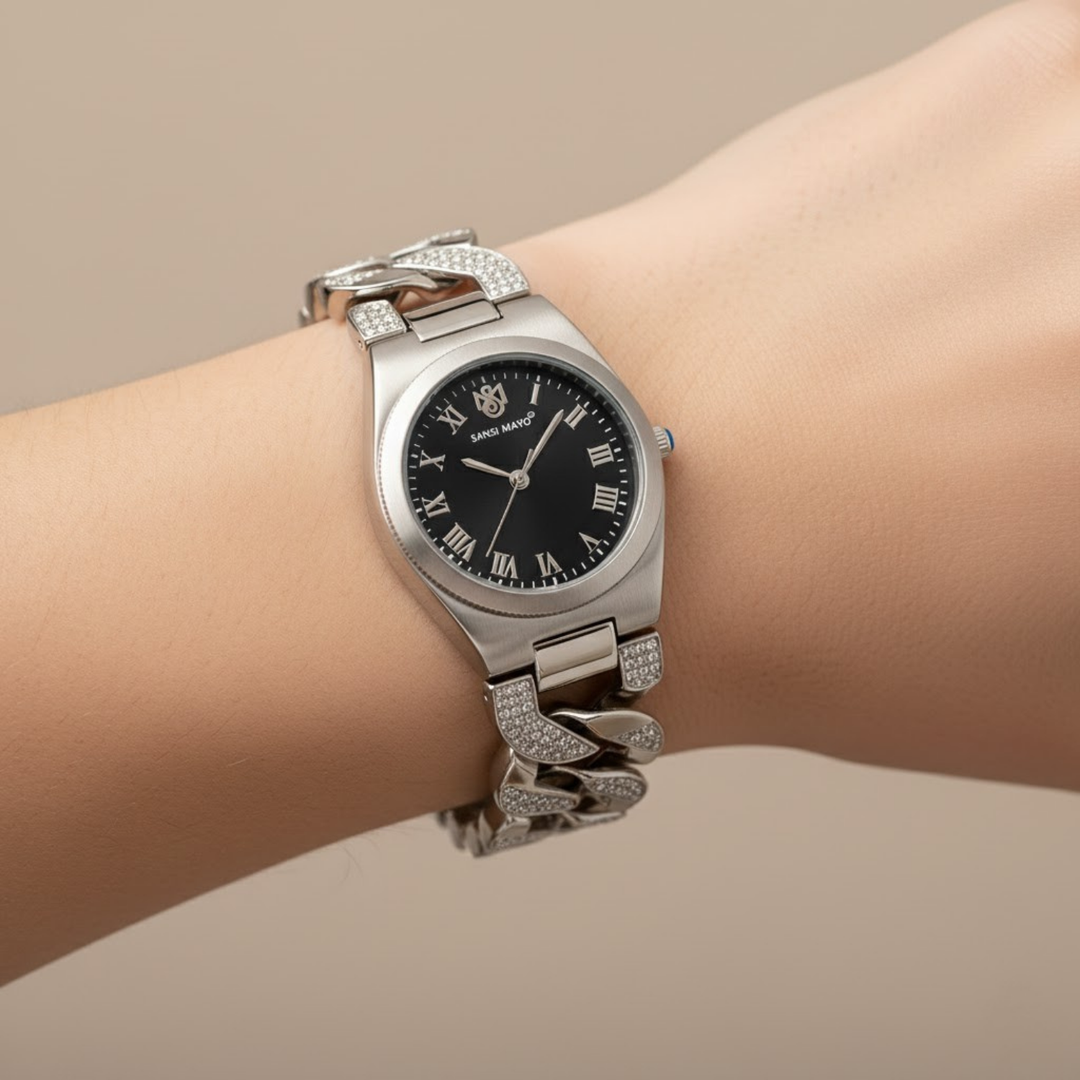 Sansi Mayo ELORA Egyptian Stone Watch — Black Dial & Silver Bracelet