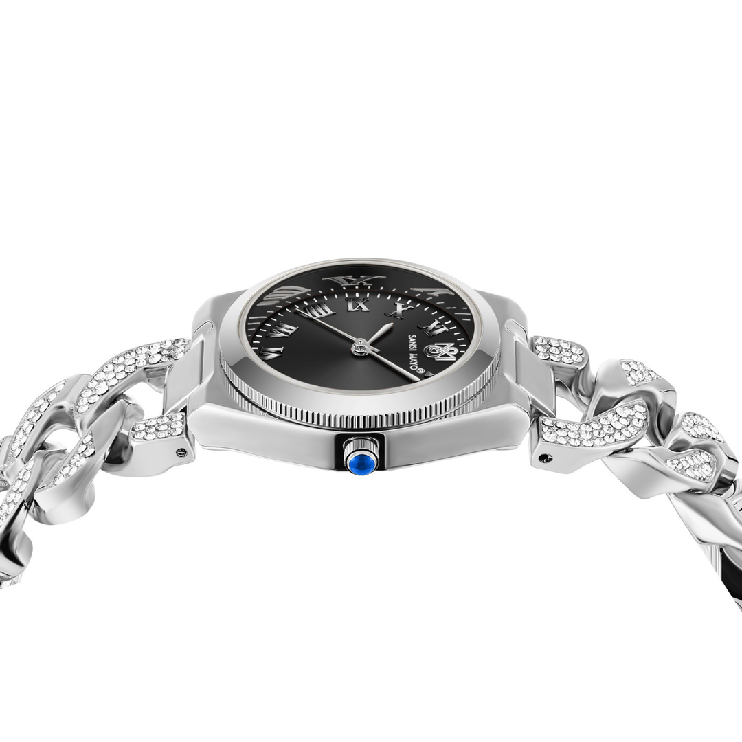 Sansi Mayo ELORA Egyptian Stone Watch — Black Dial & Silver Bracelet