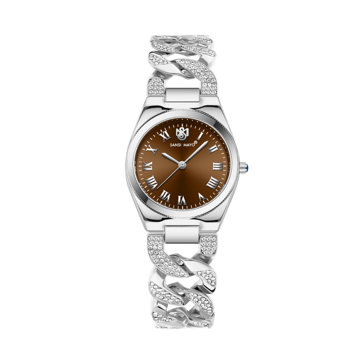 Sansi Mayo ELORA Egyptian Stone Watch — Silver Bracelet with Brown Dial