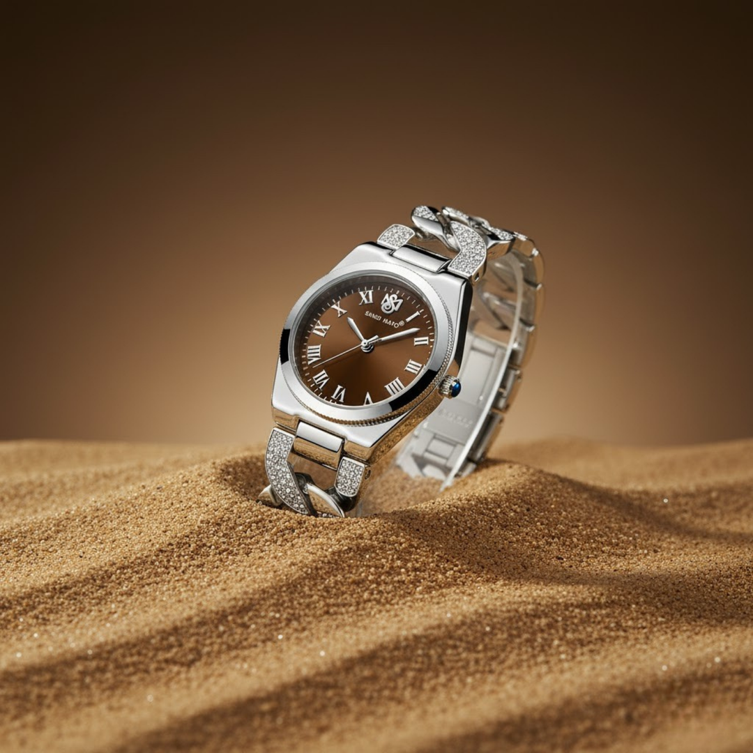 Sansi Mayo ELORA Egyptian Stone Watch — Silver Bracelet with Brown Dial