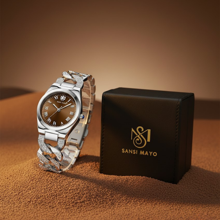Sansi Mayo ELORA Egyptian Stone Watch — Silver Bracelet with Brown Dial