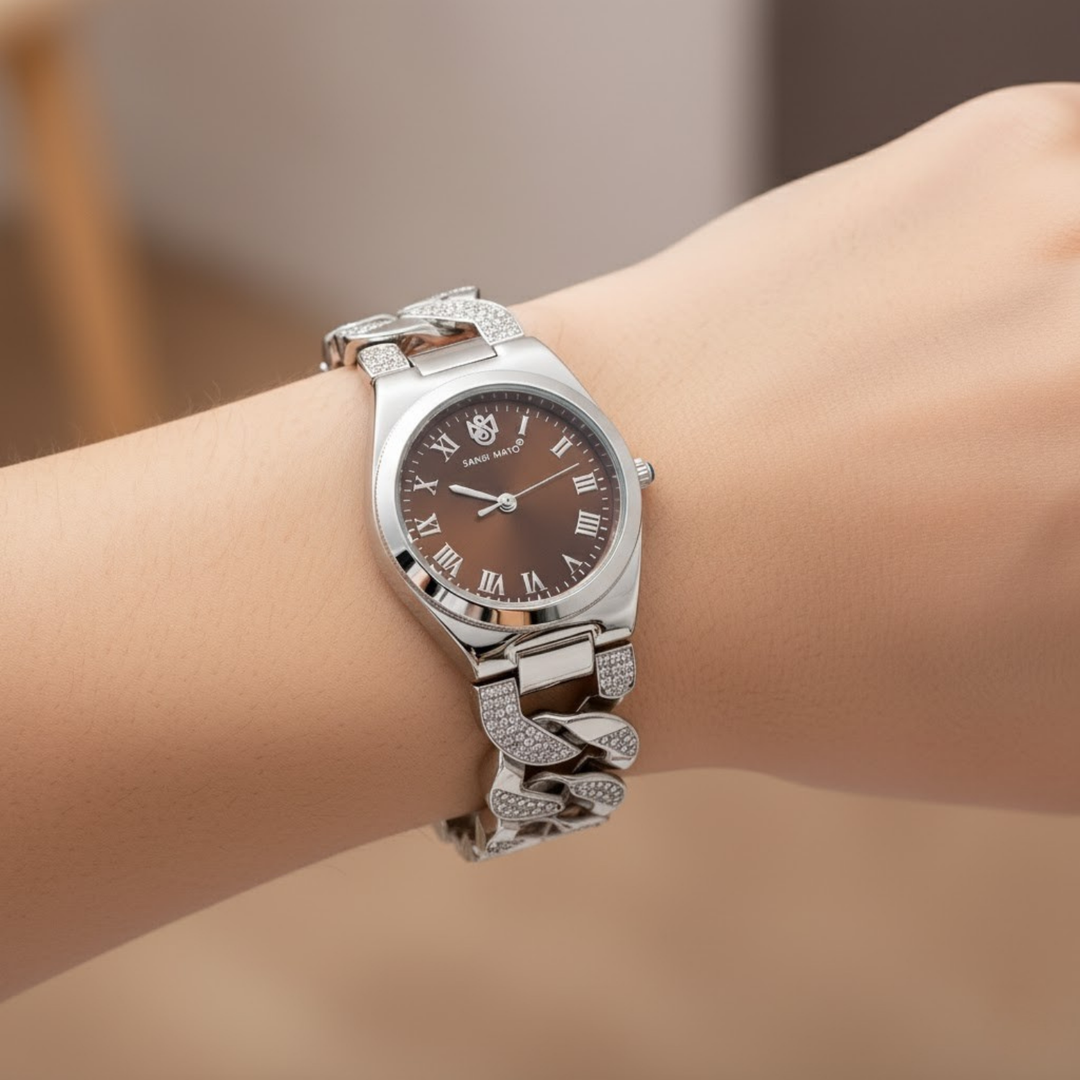 Sansi Mayo ELORA Egyptian Stone Watch — Silver Bracelet with Brown Dial