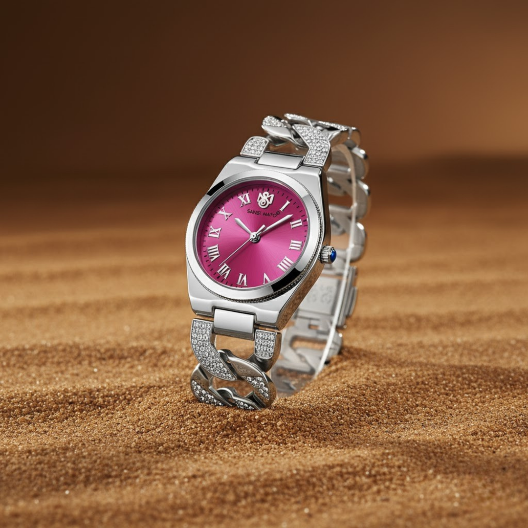 ELORA Egyptian Stone Silver Bracelet Watch — Dark Pink Dial