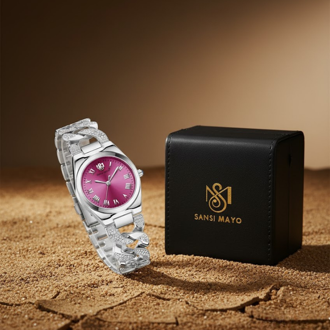 ELORA Egyptian Stone Silver Bracelet Watch — Dark Pink Dial