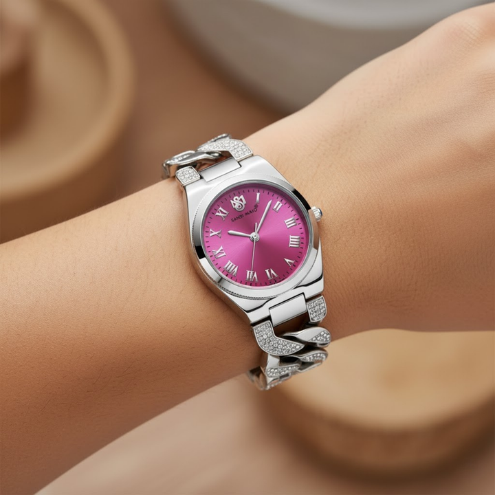 ELORA Egyptian Stone Silver Bracelet Watch — Dark Pink Dial