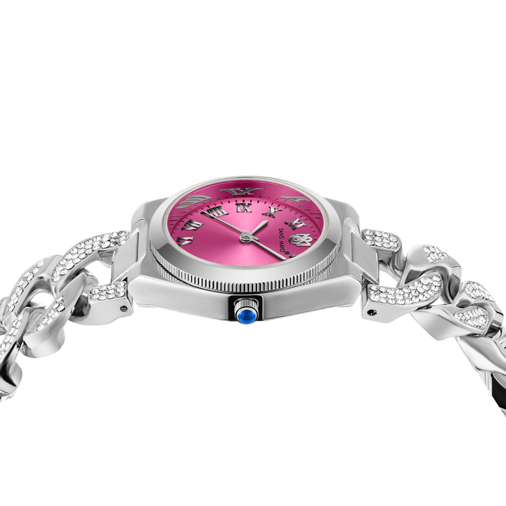 ELORA Egyptian Stone Silver Bracelet Watch — Dark Pink Dial