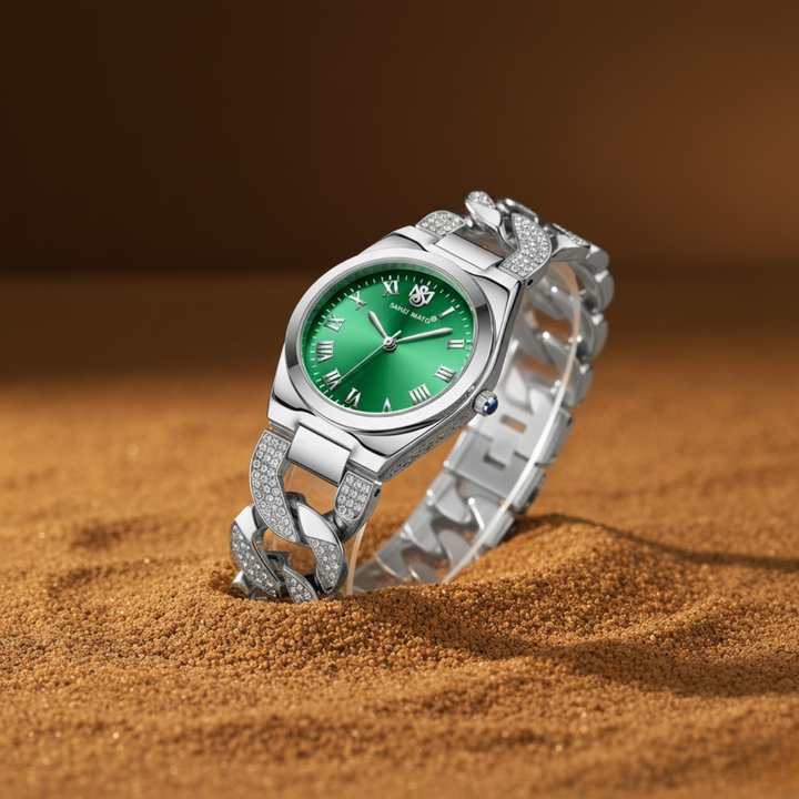 Sansi Mayo ELORA Egyptian Stone Watch — Silver Bracelet with Green Dial