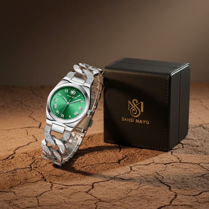 Sansi Mayo ELORA Egyptian Stone Watch — Silver Bracelet with Green Dial