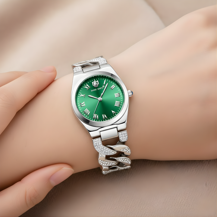 Sansi Mayo ELORA Egyptian Stone Watch — Silver Bracelet with Green Dial