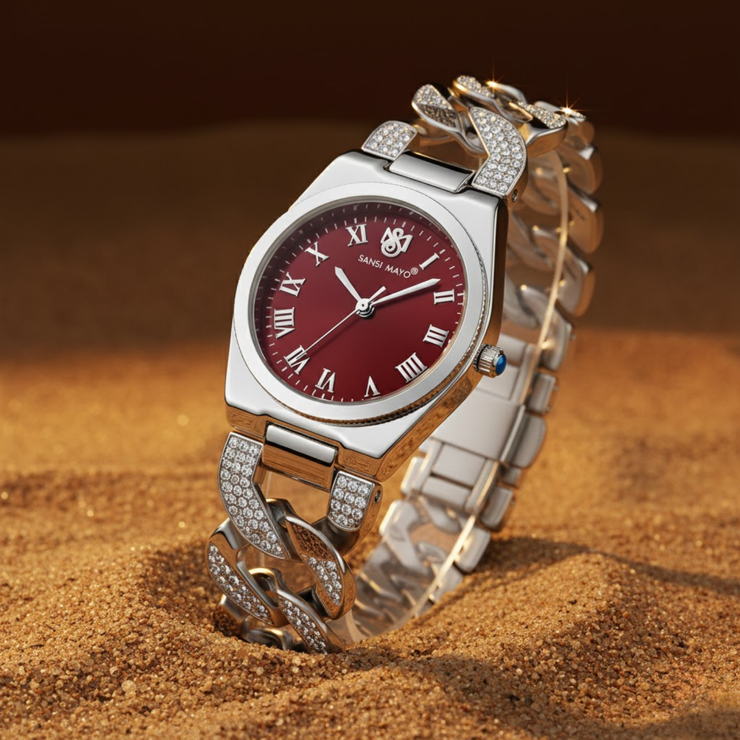 Sansi Mayo ELORA Egyptian Stone Watch — Silver Bracelet with Maroon Dial