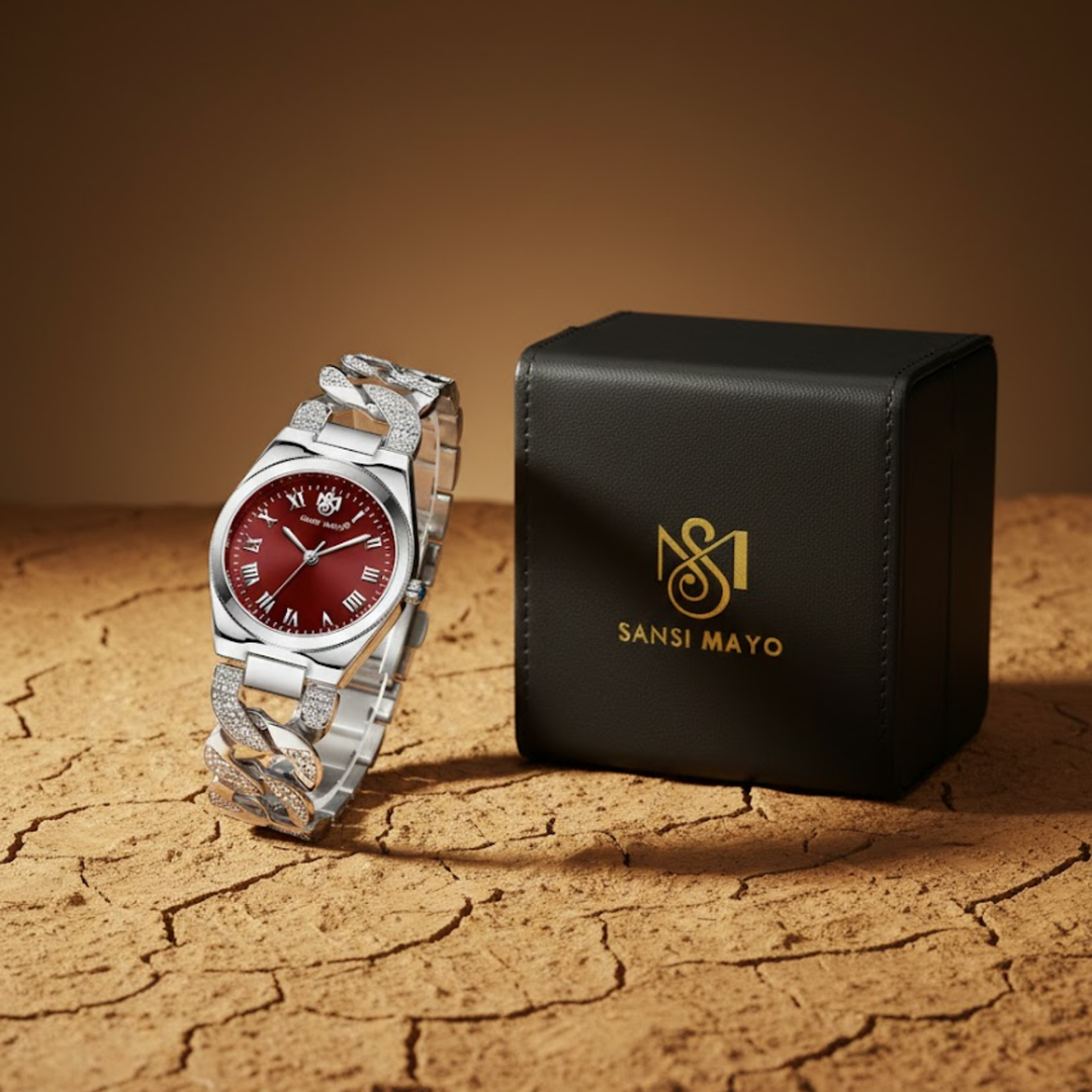 Sansi Mayo ELORA Egyptian Stone Watch — Silver Bracelet with Maroon Dial