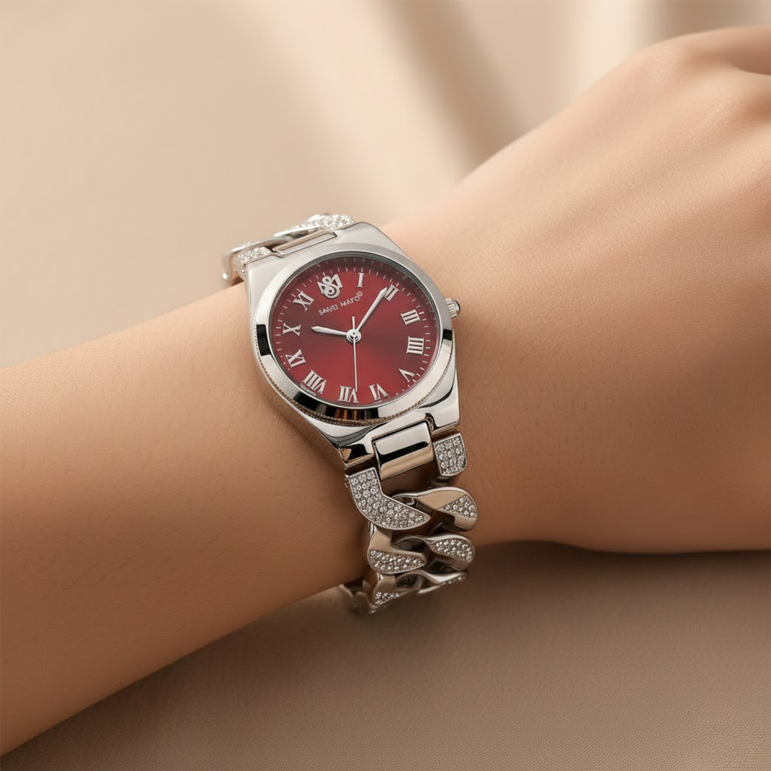 Sansi Mayo ELORA Egyptian Stone Watch — Silver Bracelet with Maroon Dial