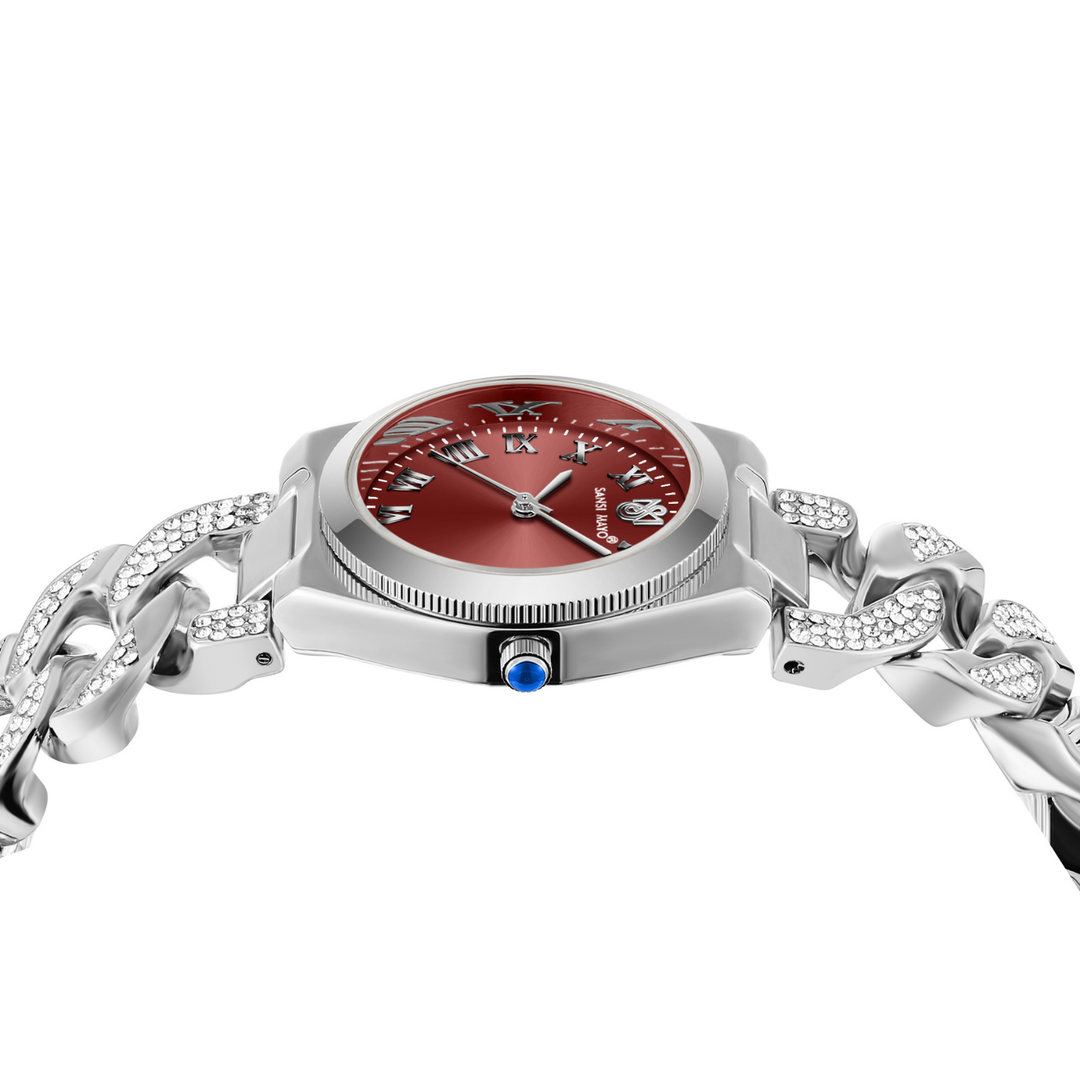 Sansi Mayo ELORA Egyptian Stone Watch — Silver Bracelet with Maroon Dial