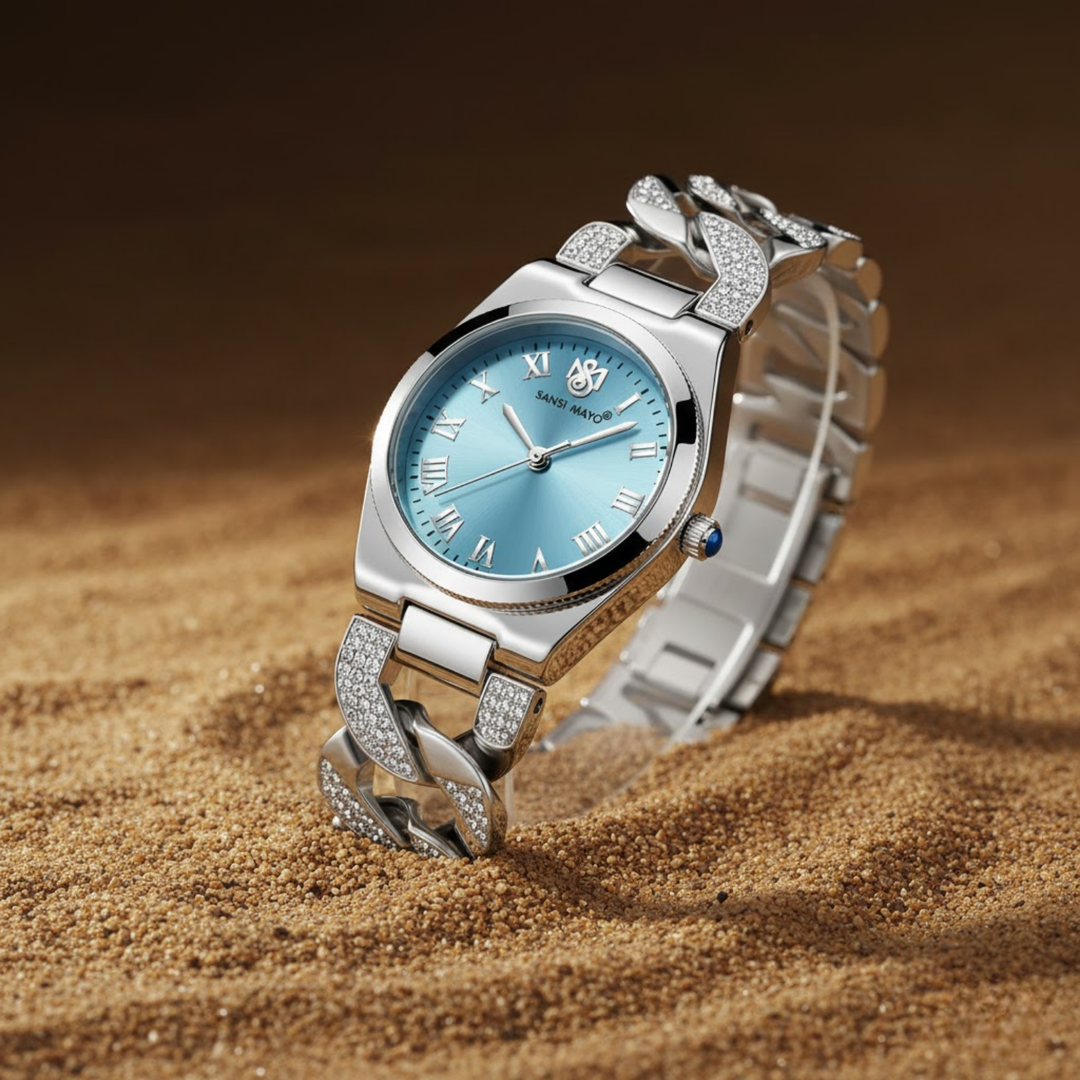 Sansi Mayo ELORA Egyptian Stone Watch — Sky Blue Dial & Silver Bracelet