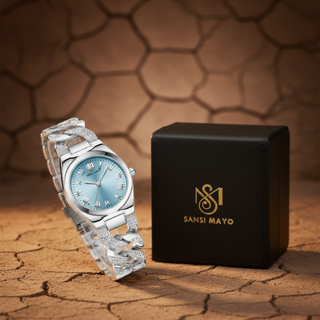 Sansi Mayo ELORA Egyptian Stone Watch — Sky Blue Dial & Silver Bracelet