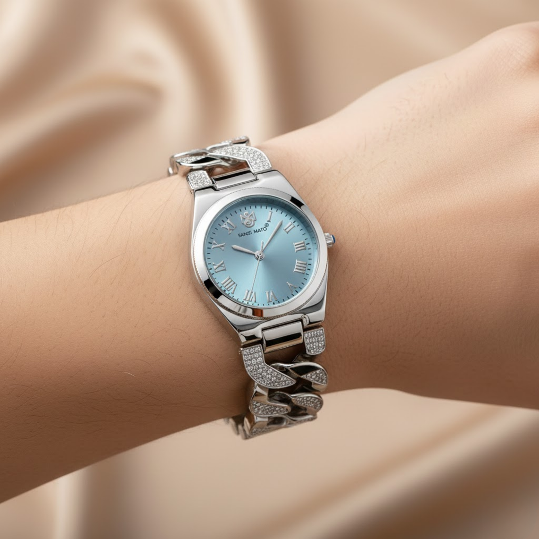 Sansi Mayo ELORA Egyptian Stone Watch — Sky Blue Dial & Silver Bracelet
