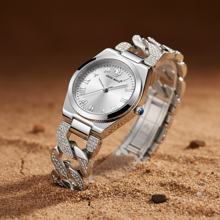 Sansi Mayo ELORA Egyptian Stone Watch — White Dial & Silver Bracelet
