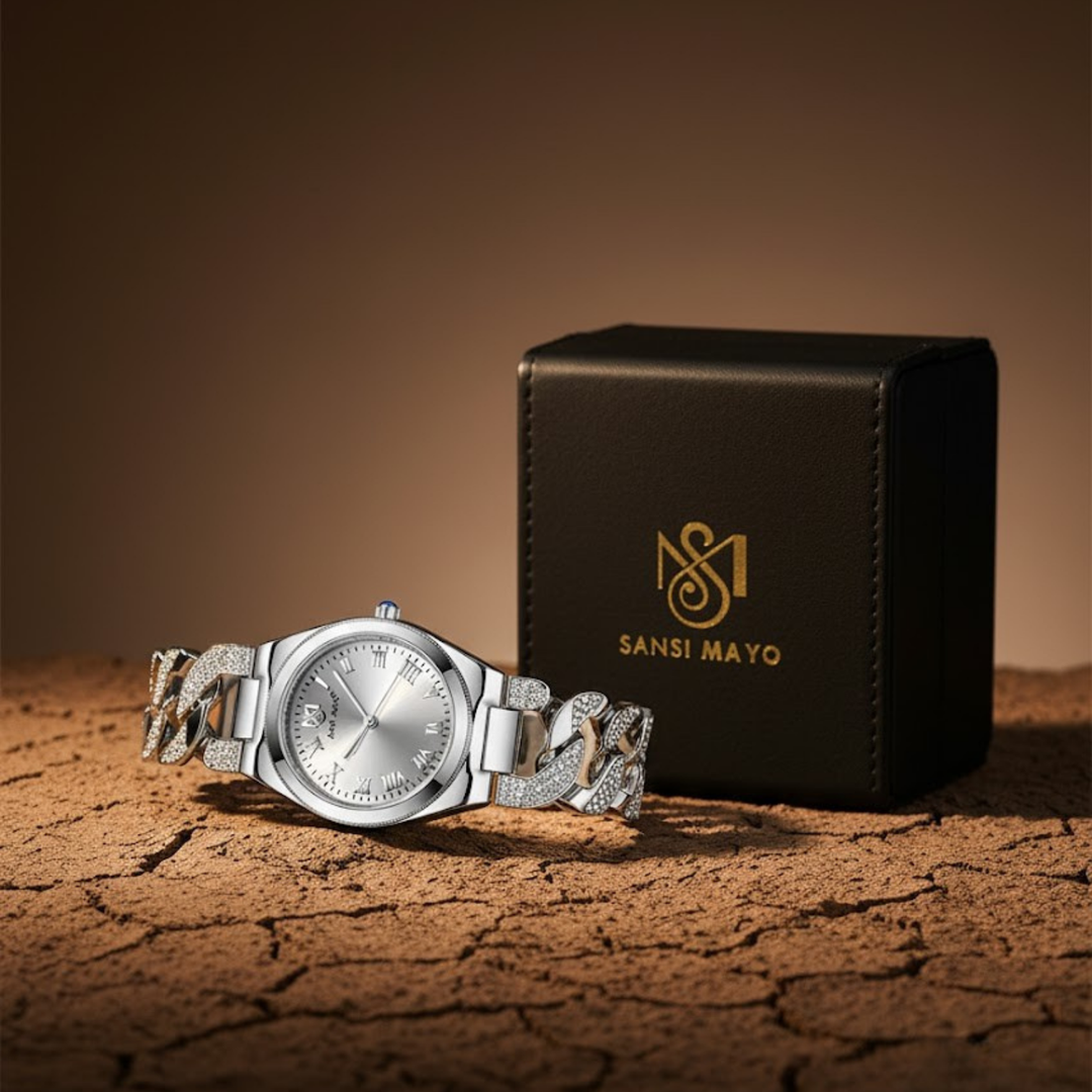 Sansi Mayo ELORA Egyptian Stone Watch — White Dial & Silver Bracelet