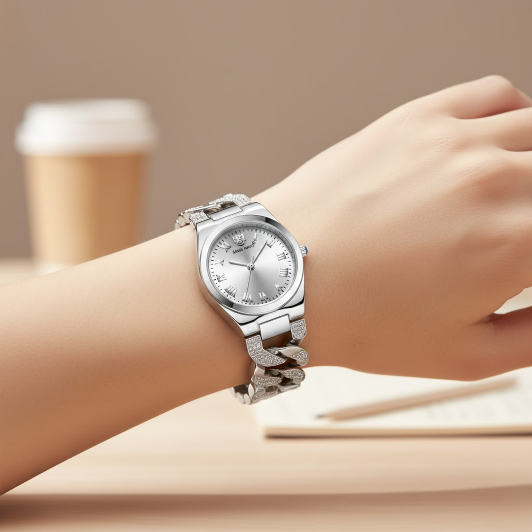 Sansi Mayo ELORA Egyptian Stone Watch — White Dial & Silver Bracelet