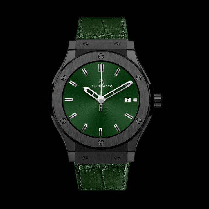 Sansi Mayo Men’s Round Black & Green Leather Analog Wrist Watch