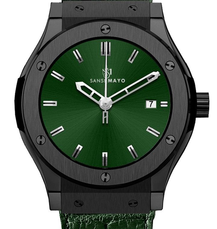 Sansi Mayo Men’s Round Black & Green Leather Analog Wrist Watch