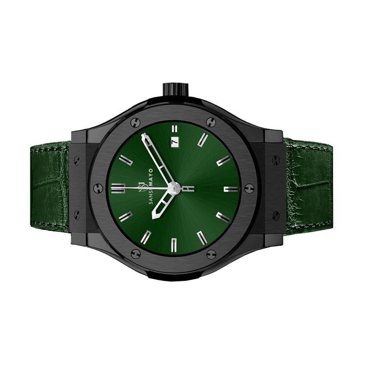 Sansi Mayo Men’s Round Black & Green Leather Analog Wrist Watch