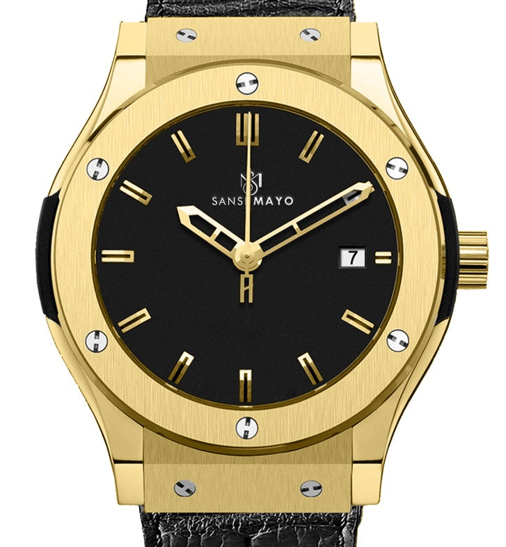 Sansi Mayo Men’s Round Black & Gold Leather Analog Wrist Watch