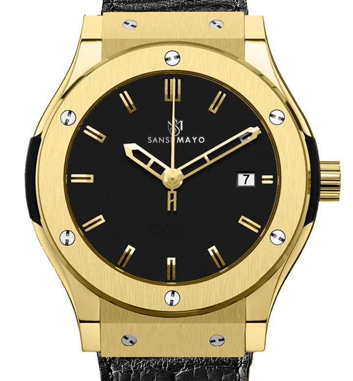 Sansi Mayo Men’s Round Black & Gold Leather Analog Wrist Watch